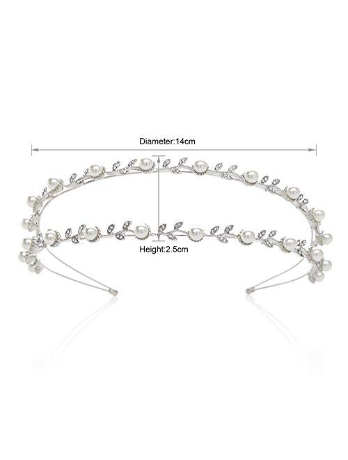 SWEETV Pearl Silver Bridal Headband-Single Hair Band Tiara Flower Wedding Headpiece Jewelry Bridal Hair Accessoires for Women