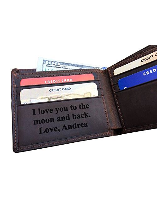 RFID Blocking Personalized Genuine Leather Men's Bifold Wallet Monogrammed with Custom Message Inside, Gifts for Boyfriend Husband Dads Anniversary Christmas Graduation