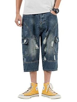 Men's Loose-Fit Ripped Hole Harem Capri Jeans Baggy Denim Cargo Shorts