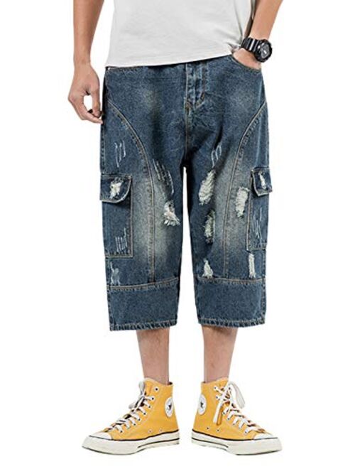 chouyatou Mens Vintage Wash Straight Leg Summer Capri Jeans Denim Shorts 