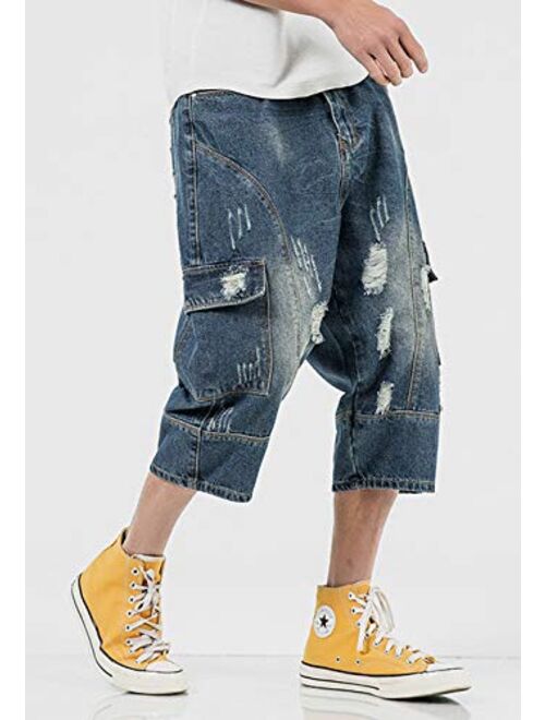 chouyatou Men's Loose-Fit Ripped Hole Harem Capri Jeans Baggy Denim Cargo Shorts