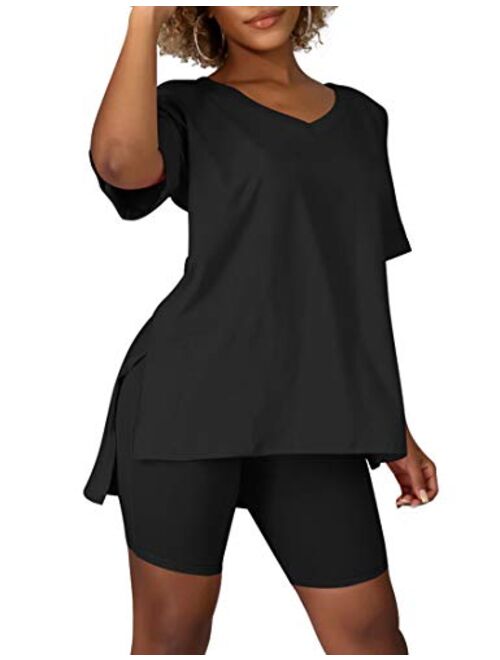 BORIFLORS Women's Causal 2 Piece Outfits Jumpsuits V Neck Basic Tops Side Split T Shirt with Sexy Shorts Set