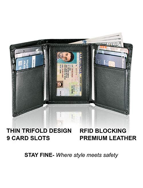 Stay Fine Mens Trifold Wallet | Leather Wallets For Men RFID Blocking | Genuine Leather Wallet with ID Window | Extra Capacity Mens Wallet