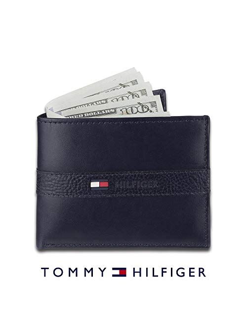 Tommy Hilfiger Men's Leather Wallet Slim Bifold with 6 Credit Card Pockets and Removable Id Window, Navy, One Size