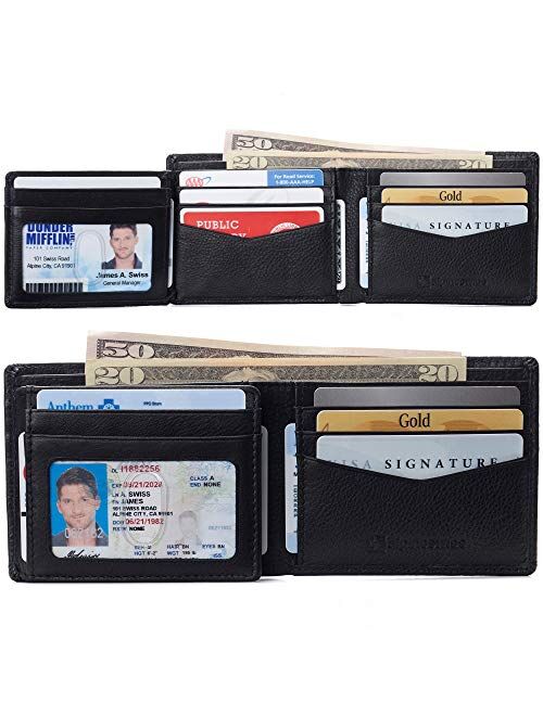 Alpine Swiss RFID Protected Mens Spencer Leather Wallet Bifold 2 ID Windows Divided Bill Section Comes in Gift Box