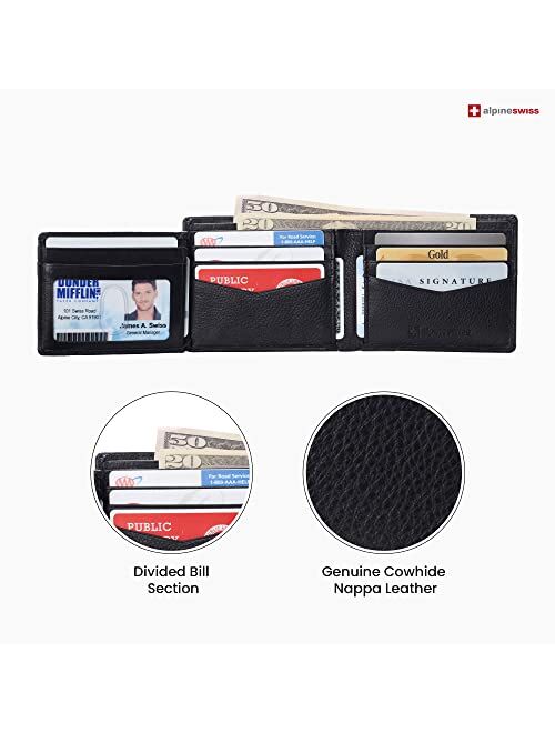 Alpine Swiss RFID Protected Mens Spencer Leather Wallet Bifold 2 ID Windows Divided Bill Section Comes in Gift Box