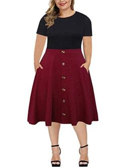 BEDOAR Women's Casual Plus Size Dress Short Sleeve Colorblock Knee-Length Flared A-Line Party Swing Dress with Pockets