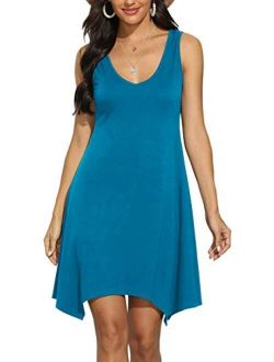 Vansha Womens Casual Sleeveless V Neck Irregular Hem Summer T Shirt Dress Swing Beach Dress