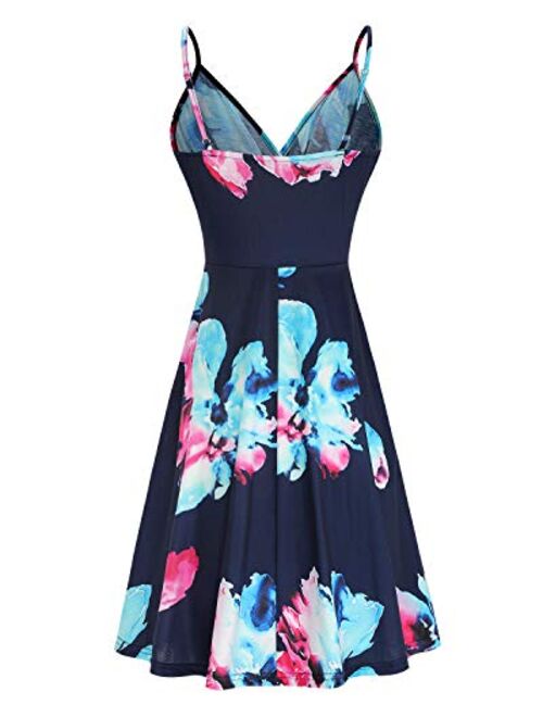 KILIG Women's V Neck Floral Spaghetti Strap Summer Casual Dress Sleeveless Wrap Midi Sundress with Pocket