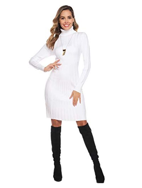 Hawiton Women's Long Sleeve Turtleneck Sweater Bodycon Dress Elasticity Slim Fit Knit Mini Dress