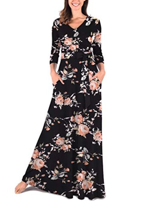 Comila Women's Maxi Dresses V-Neck 3/4 Sleeve Floral Long Dresses with Pockets