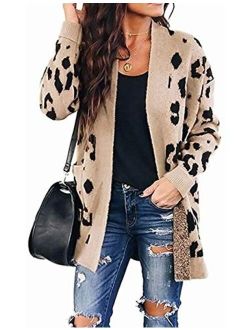 Women's Open Front Leopard Knit Cardigan Sweaters Pockets Long Sleeve Outwear