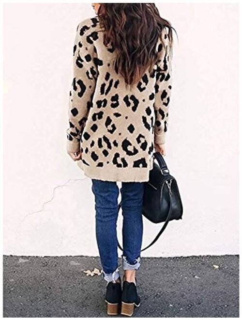 MEROKEETY Women's Open Front Leopard Knit Cardigan Sweaters Pockets Long Sleeve Outwear