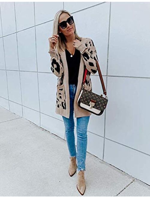 MEROKEETY Women's Open Front Leopard Knit Cardigan Sweaters Pockets Long Sleeve Outwear