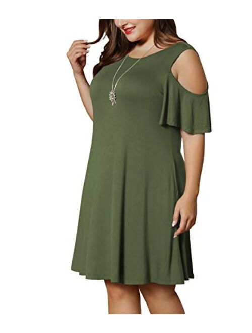 US Women's Cold Shoulder Casual Tunic Top T-shirt A-line Swing Dress W/ Pockets 