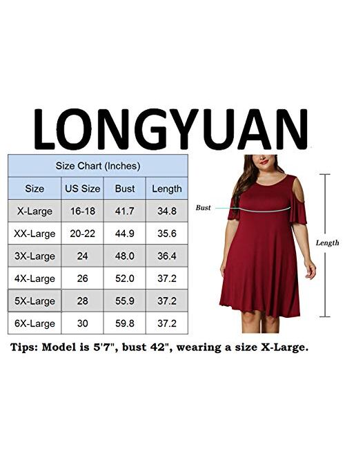 LONGYUAN Women Summer XL-6XL Cold Shoulder Plus Size T-Shirt Dress with Pockets