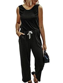 ECOWISH Womens Jumpsuit Sleeveless Tie Waist Wide Leg Casual Loose Rompers Drawstring Solid Jumpsuits with Pockets