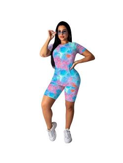 PINSV Women's 2 Piece Outfits Summer Printing Bodycon Short Pants Workout Sets