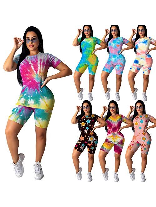 PINSV Women's 2 Piece Outfits Summer Printing Bodycon Short Pants Workout Sets