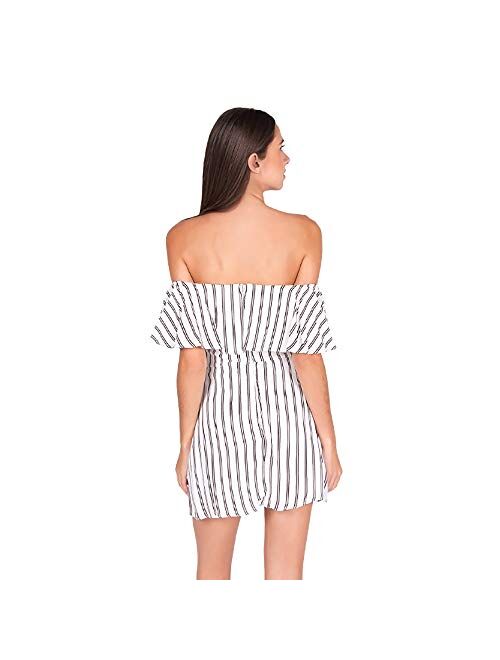 Bee Darlin Junior's Off Shoulder Striped Ruffle Detail Short Day Romper with Double Slits