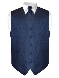Men's Paisley Design Dress Vest & Necktie Navy Blue Color Neck Tie Set