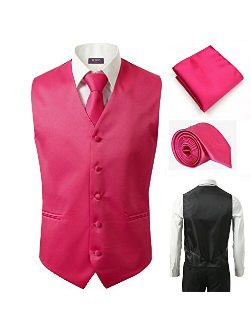 3 Pcs Vest + Tie + Hot Pink Hankie Fashion Men's Formal Dress Suit Waistcoat