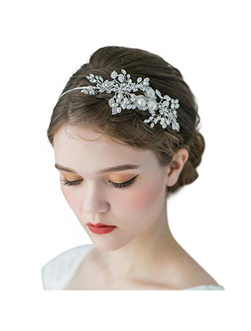 SWEETV Handmade Pearl Wedding Headbands for Women, Silver Rhinestone Hair Band Bridal Headpiece, Hair Jewlery Accessories