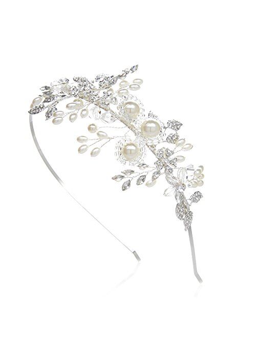 SWEETV Handmade Pearl Wedding Headbands for Women, Silver Rhinestone Hair Band Bridal Headpiece, Hair Jewlery Accessories