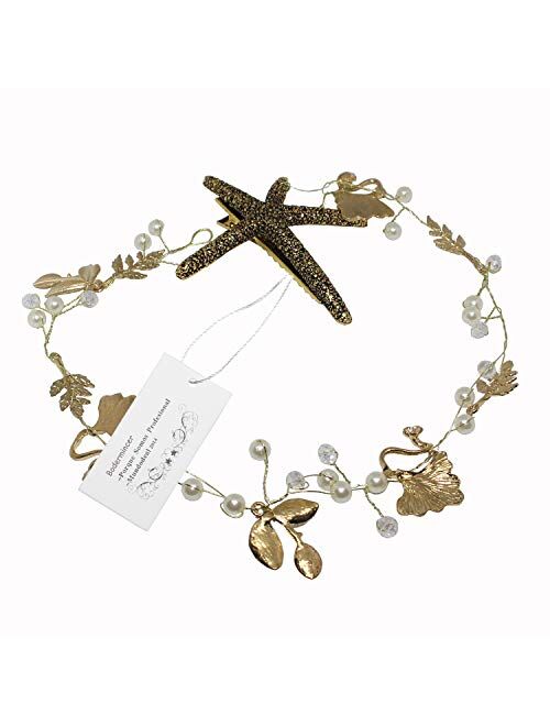 1Pcs Gorgeous Handmade Starfish Hairband Women Mermaid Headband Gold Crystal Beads Pearl Hair Jewelry Crown Bridal Wedding Hair Accessories