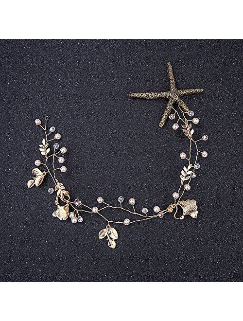 1Pcs Gorgeous Handmade Starfish Hairband Women Mermaid Headband Gold Crystal Beads Pearl Hair Jewelry Crown Bridal Wedding Hair Accessories