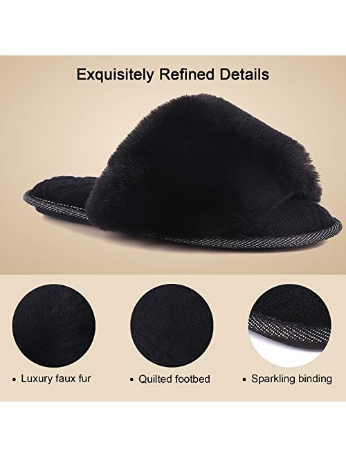 LongBay Women's Fuzzy Faux Fur Memroy Foam Flat Spa Slide Slippers Open Toe House Shoes Sandals