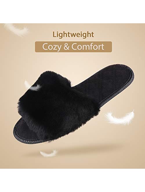 LongBay Women's Fuzzy Faux Fur Memroy Foam Flat Spa Slide Slippers Open Toe House Shoes Sandals