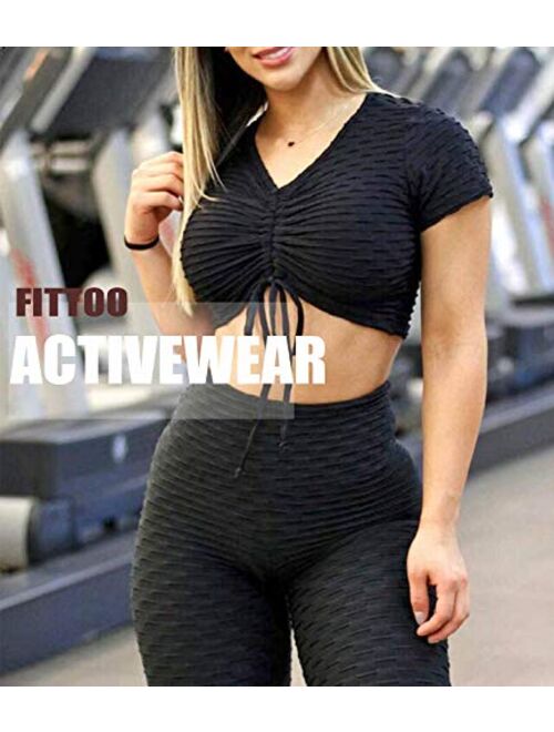 FITTOO Womens Textured Crop Tops Gym Workout T Shirt Short Sleeve Tie-dye Tank Top for Women