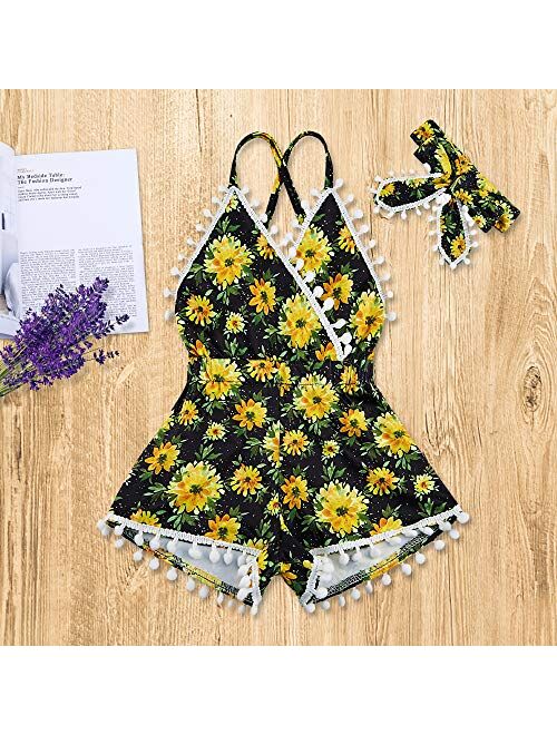 Enlifety Baby Girls Romper Pompom Tassels Trim Bodysuit Strap Backless Jumpsuit Outfits Set Clothes with Headband 6M-3T