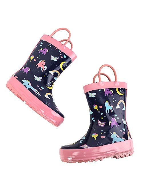 ALEADER Kids Waterproof Rubber Rain Boots for Girls, Boys & Toddlers with Fun Prints & Handles