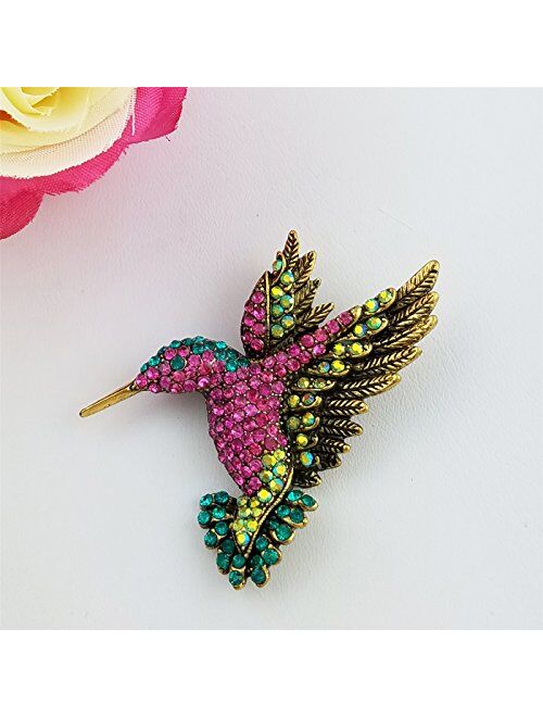 SELOVO Antique Tone Bird Hummingbird Multi Color Austrian Crystal Pin Brooch Jewelry