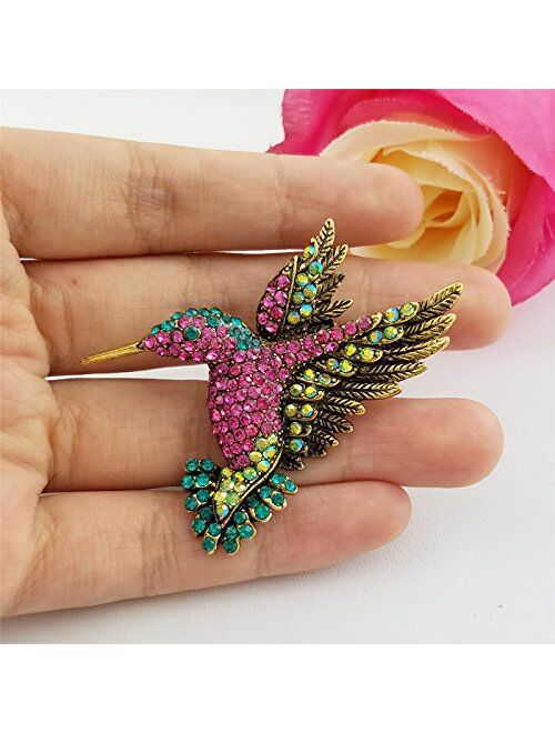 SELOVO Antique Tone Bird Hummingbird Multi Color Austrian Crystal Pin Brooch Jewelry
