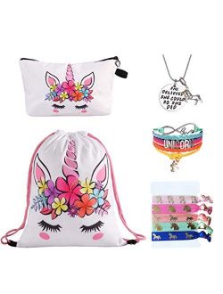 Unicorn Gifts for Girls - Unicorn Drawstring Backpack/Makeup Bag/Bracelet/Inspirational Necklace/Hair Ties