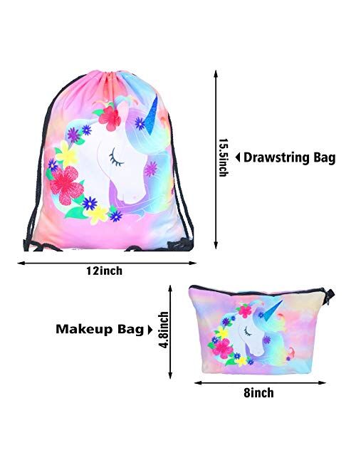 Unicorn Gifts for Girls - Unicorn Drawstring Backpack/Makeup Bag/Bracelet/Necklace/Hair Ties/Keychain/Sticker