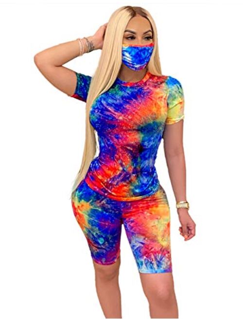 Mens 2 Piece Outfit Sport Set Short Sleeve Tie-Dye Tracksuit Leisure Short Sets Comfortable Gym Clothes