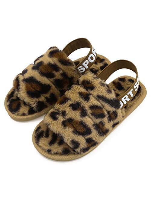 Women's Fluffy Fuzzy Slides Slipper Sandals Leopard Print Soft Warm Comfy Cozy Bedroom House Indoor Outdoor Slippers Sandals with Elastic Strap