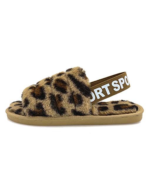 Women's Fluffy Fuzzy Slides Slipper Sandals Leopard Print Soft Warm Comfy Cozy Bedroom House Indoor Outdoor Slippers Sandals with Elastic Strap