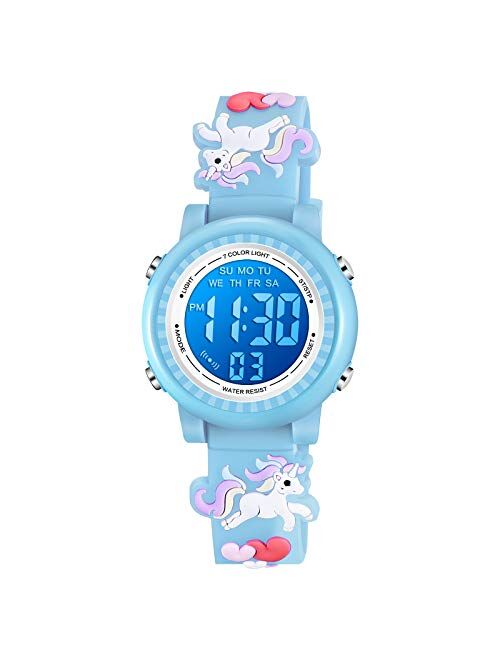 Venhoo Kids Unicorn Watches 3D Cartoon Waterproof 7 Color Lights Toddler Wrist Digital Watch with Alarm Stopwatch for 3-10 Year Girls Little Child