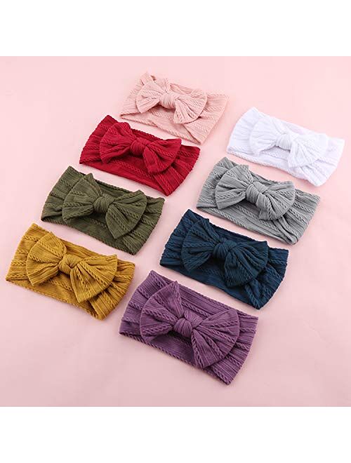 Makone Handmade Baby Headbands Stretchy Nylon Headband with Bows for Infant Baby Toddler Girls- Pack of 8