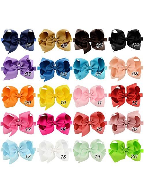 WillingTee 6 inches Grosgrain Ribbon Hair Bows Headbands for Baby Girls and Toddlers 20 pieces