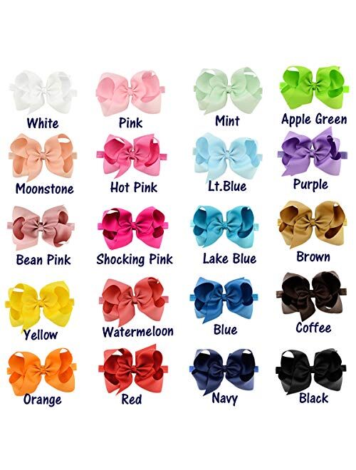 WillingTee 6 inches Grosgrain Ribbon Hair Bows Headbands for Baby Girls and Toddlers 20 pieces