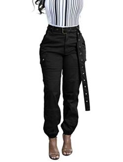 Cosygal Women's Casual Loose Cargo Pants Trousers Jogger with Belt Pockets