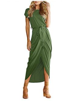 AUSELILY Womens Casual Summer Cap Short Sleeve Loose Slit Solid Party Long Maxi Dress with Belt