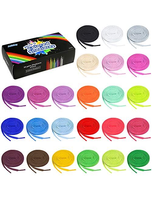 Auihiay 24 Pairs 47 Flat Colored Shoelaces Shoestrings for Sneakers Skate Shoes Sport Shoes Boots, 24 Colors