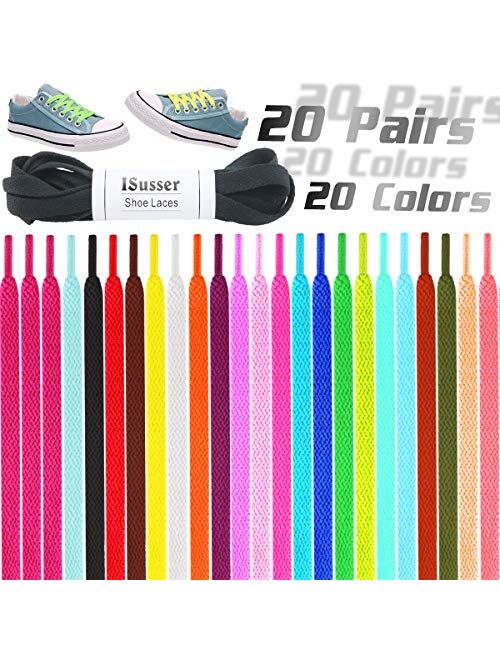 ISusser 20 Pairs 47 inch Flat Colored Athletic Shoe Laces for Sports Shoes Boots Sneakers Skates